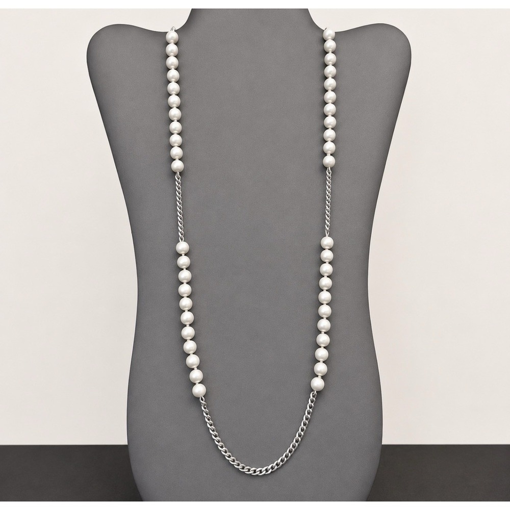 Vintage Lauren Ralph Lauren Silver Tone Knotted Faux Pearl Station Necklace 40"